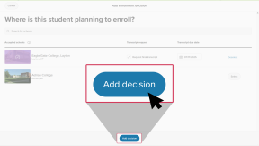 The "Add enrollment decision" page for a student. The cursor is clicking "Add decision"